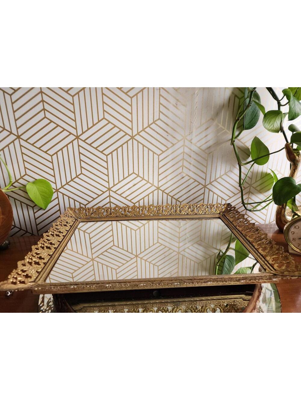 Hollywood Regency Brass Filigree Vanity Mirror/Tray Flat Laying/Freestanding